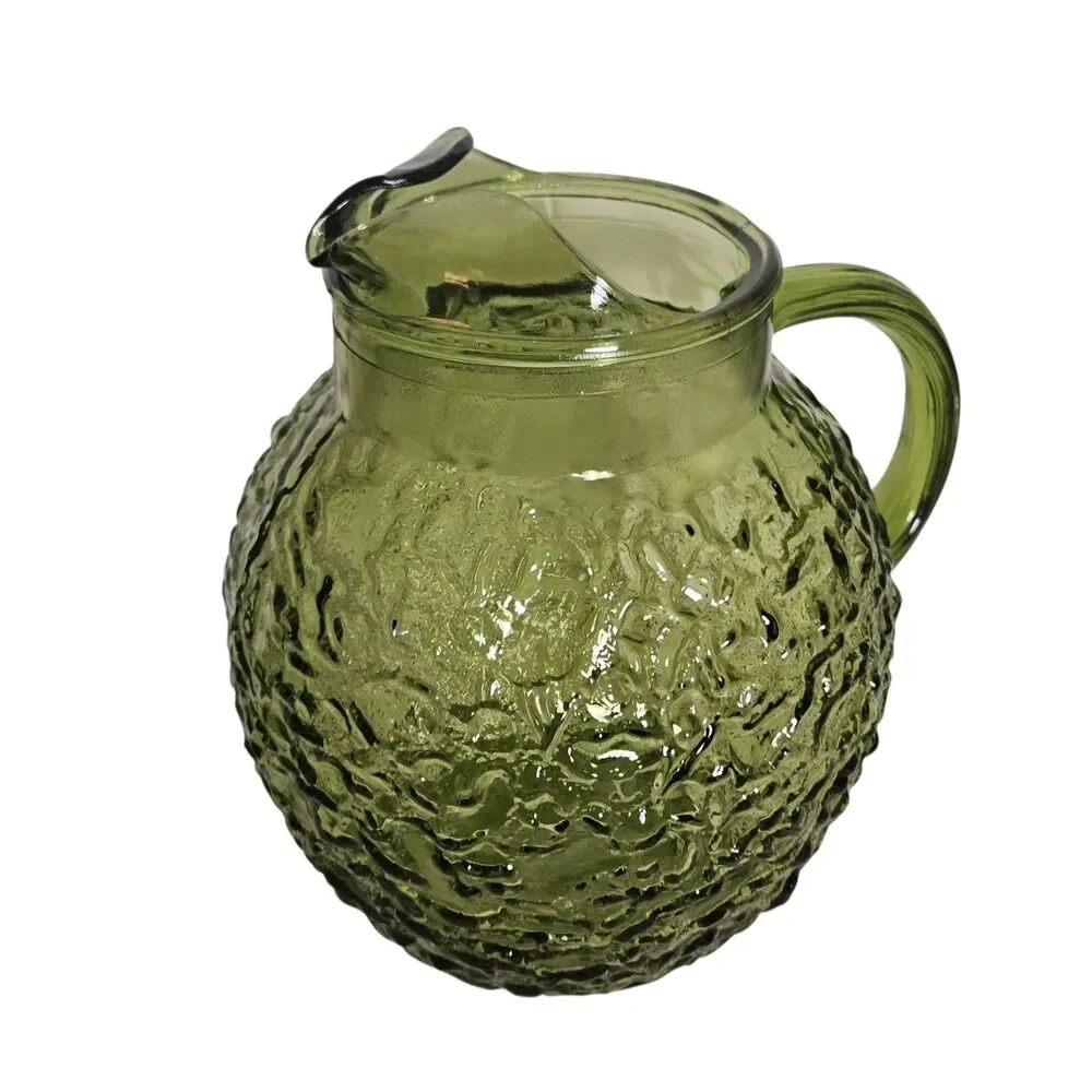 Vintage Anchor Hocking Milano Pattern Avocado Green Crinkle Glass Ball Pitcher‎
